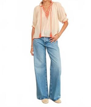 NEW M.A.B.E. talia embroidered short sleeve top in beige/orange